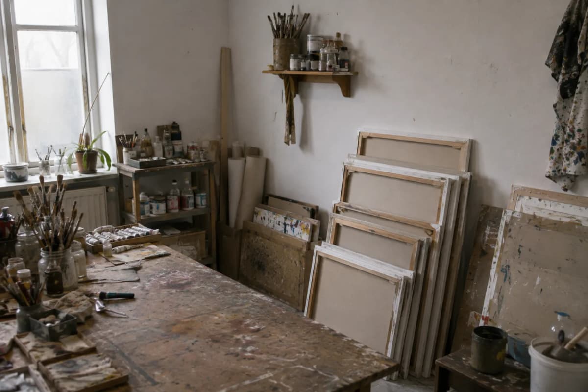A painter's studio with brushes, paint and canvases stacked against the wall