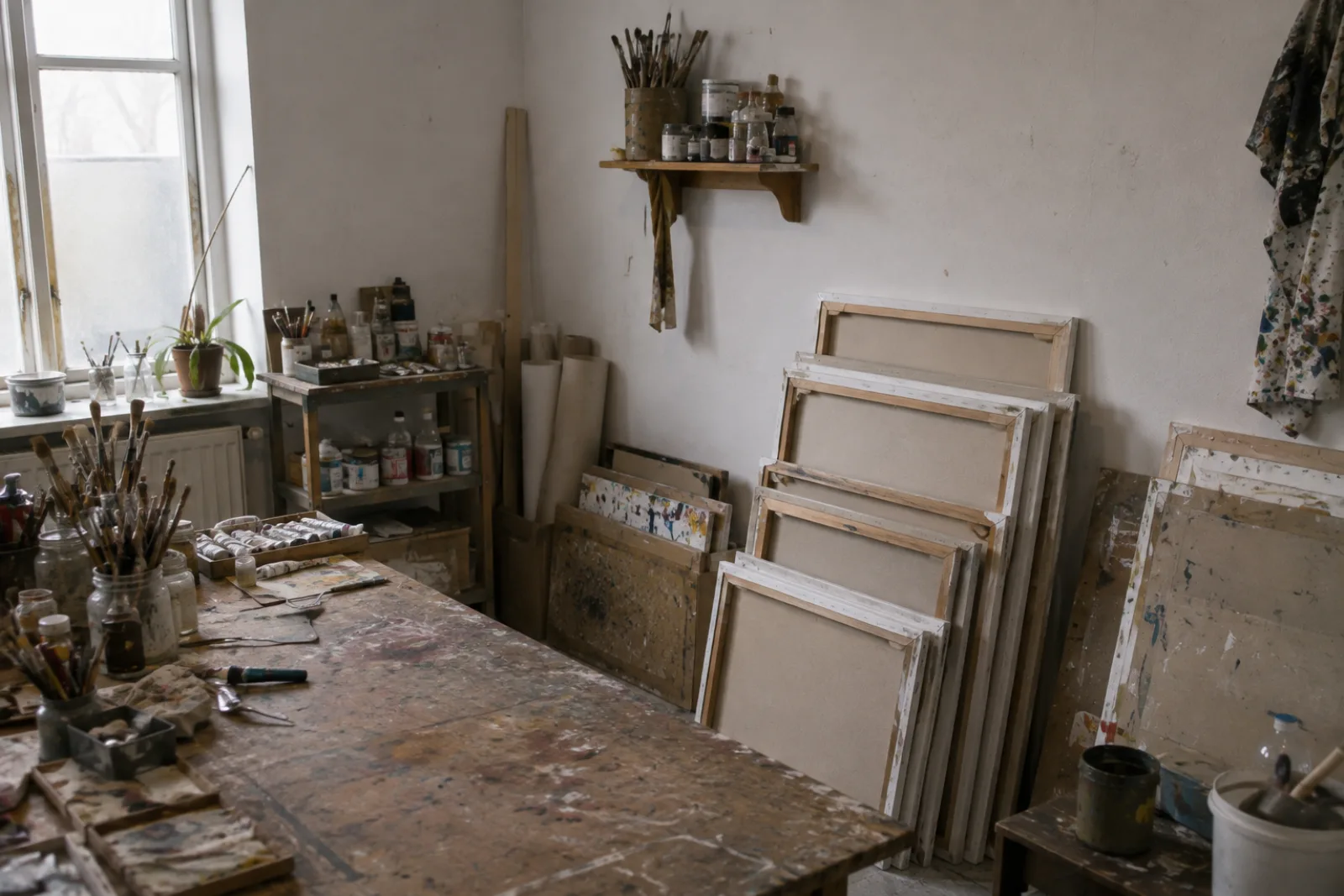 A painter's studio with brushes, paint and canvases stacked against the wall