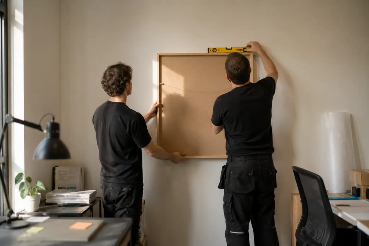 Two people hanging a framed artwork on a wall, checking it with a spirit level