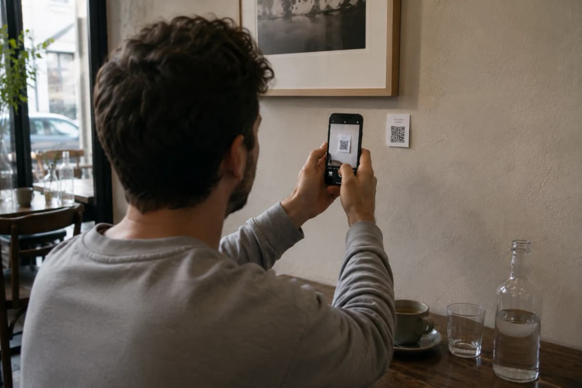 A café visitor scanning a QR code label beside a framed photograph on the wall