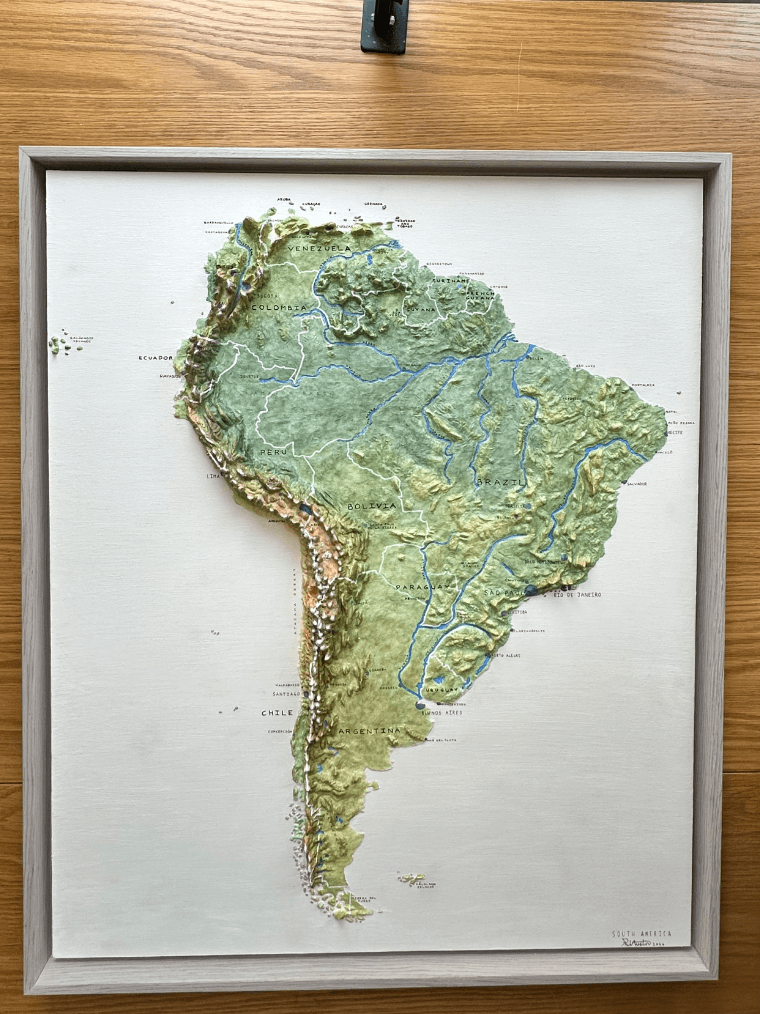 South America Topographical Map, Mixed media on board